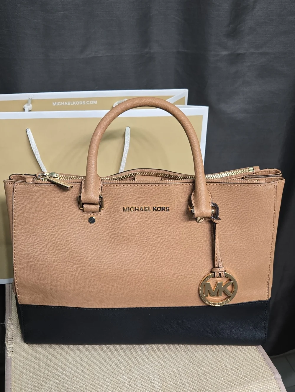 SALE! Michael Kors Beige and Black Leather Satchel with Gold MK Charm